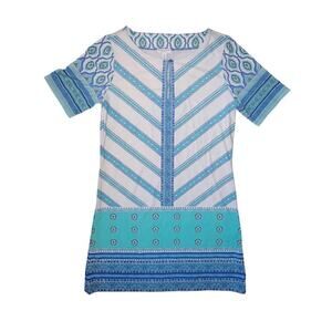 Cabana Life Blue Batik Medallion Print Keyhole Front Short Sleeve Shift Dress L